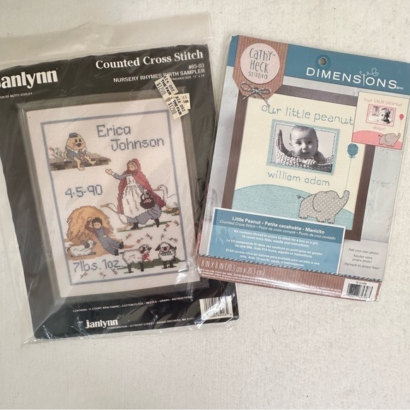 NEW Cross stitch babytheme bundle little peanut & nursery rhyme birth sampler    - Picture 1 of 6